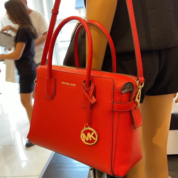 Michael Kors Mercer Medium Top-Zip Belted Satchel Crossbody Purse 
BRIGHT RED
NW - Picture 9 of 16